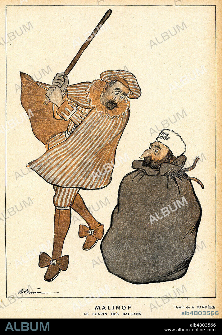 'MALINOF le scapin des balkans'. Caricature par Adrien BARRERE (1877-1931) publiee dans Fantasio du 1er novembre 1918. Credit : Collection KHARBINE-TAPABOR.