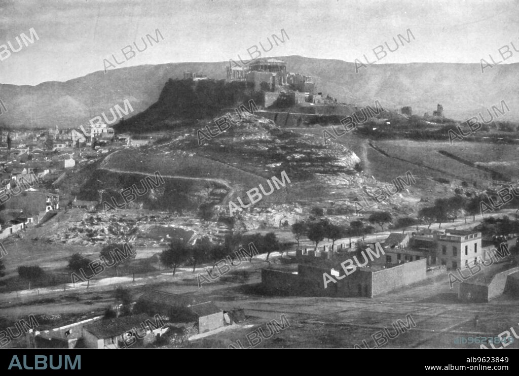 'The Acropolis, with a View of the Aeropagus and Mount Hymettus, from the West', 1913. From The Near East, by Robert Hitchens. [Hodder and Stoughton, London, 1913].