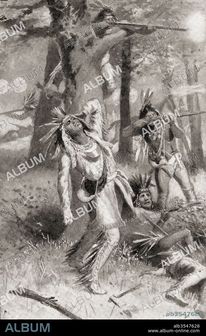 The death of Tecumseh during The Battle of the Thames, October 5, 1813. Tecumseh, 1768 –1813. Native American leader of the Shawnee and a large tribal confederacy known as Tecumseh's Confederacy. From The History of Our Country, published 1905.