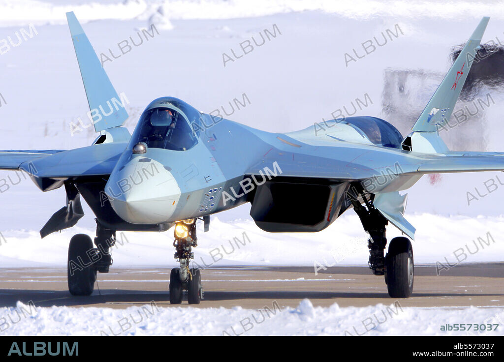 T-50 PAK-FA (fourth prototype) fifth generation jet fighter of the Russian Air Force holding short of runway.