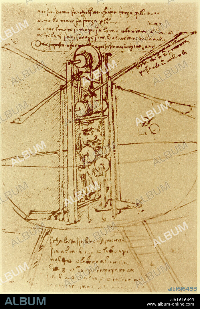 DRAWING OF A FLYING MACHINE WITH A MAN OPERATING IT PEN & INK Leonardo da Vinci 1452 d1519 Florentine Institut de France, Paris.