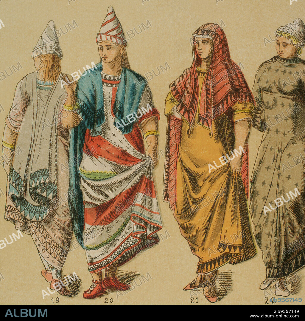 Etruscans. From left to right: 19 and 20- Etruscan woman's cape, 21- Etruscan woman's cape with a sort of hood, 22- Etruscan woman's dress. Chromolithography. "Historia Universal" by César Cantú. Volume II, 1881.