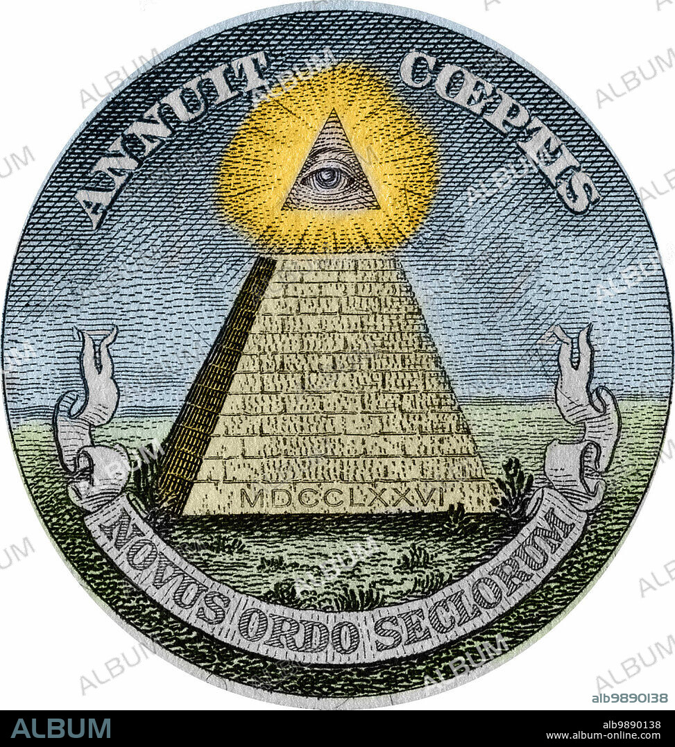 God: the pyramid and the divine eye at the top. " Annuit Coeptis Novus Ordo Seclorum, 1776" Symbol prints on banknotes of 1, 5. 10. 100 etc. US dollars and symbol of the Illuminati sect (Illuminaten).