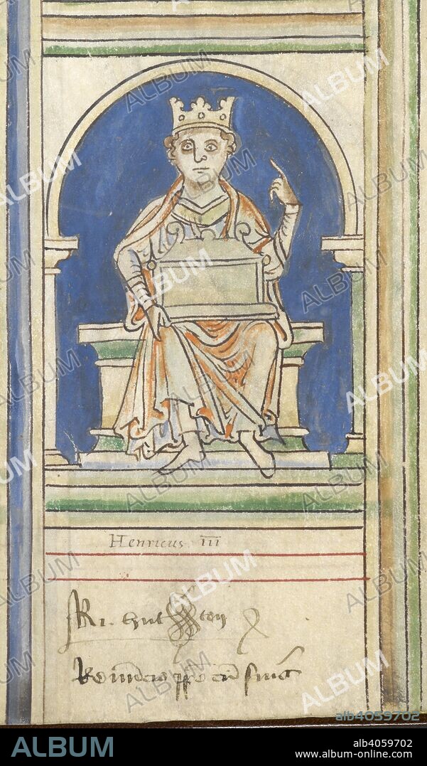 MATTHEW PARIS. King Henry III, of England. Drawings of the kings of Britain and England to Henry III. England (St Albans), 1250-1259. Source: Cotton Claudius D. VI, f.9v detail.