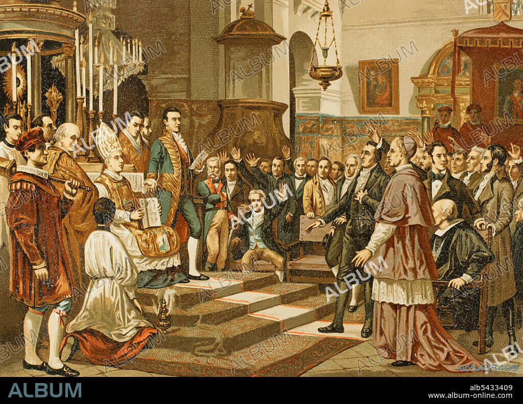 History of Spain. Cortes of Cadiz (1810-1814). Oath of the deputies to the Extraordinary and General Cortes in 1810. Held in the Parish Church of San Fernando, in Isla de León (now San Fernando), on 24 September 1810. Illustration after the painting by Joaquín Casado del Alisal in 1863. Chromolithography. "Historia General de España"(General History of Spain), by Miguel Morayta. Volume VI. Madrid, 1892.