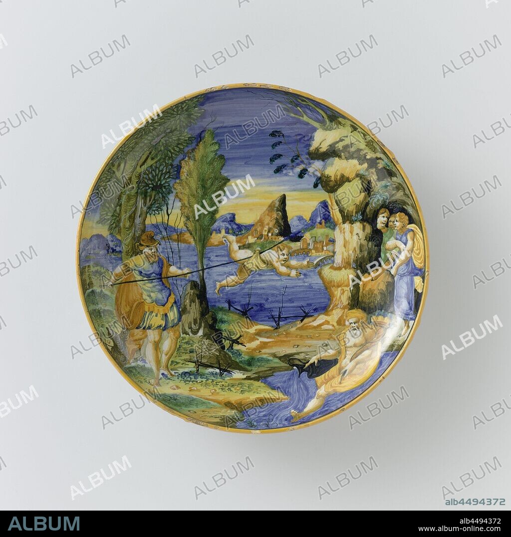 Dish with Metabus Throwing Camilla across the River Amasenus Dish with Metabus throwing Camilla over the Amasenus river, Round dish on a base of multi-colored majolica. Depicted is Metabus who throws Camilla over the Amasenus River, derived from the Aeneas of Virgil. On the left bank of the Amasenus, Metabus has a spear in his hands, to which Camilla is tied with a cloth. With this he reaches to the other bank, on which three women are standing. There is a river god in the water. On the back of the board the inscription: Methapo oltr Amasce // lancio Camilla // 1544, Metabus, Camilla's father, with the enemy almost upon him, throws the baby Camilla, lashed on his spear, over the river Amasenus and invokes Diana's help, anonymous, Urbino, 1544, earthenware, tin glaze, lead glaze, h 6.3 cm × d 28.1 cm.