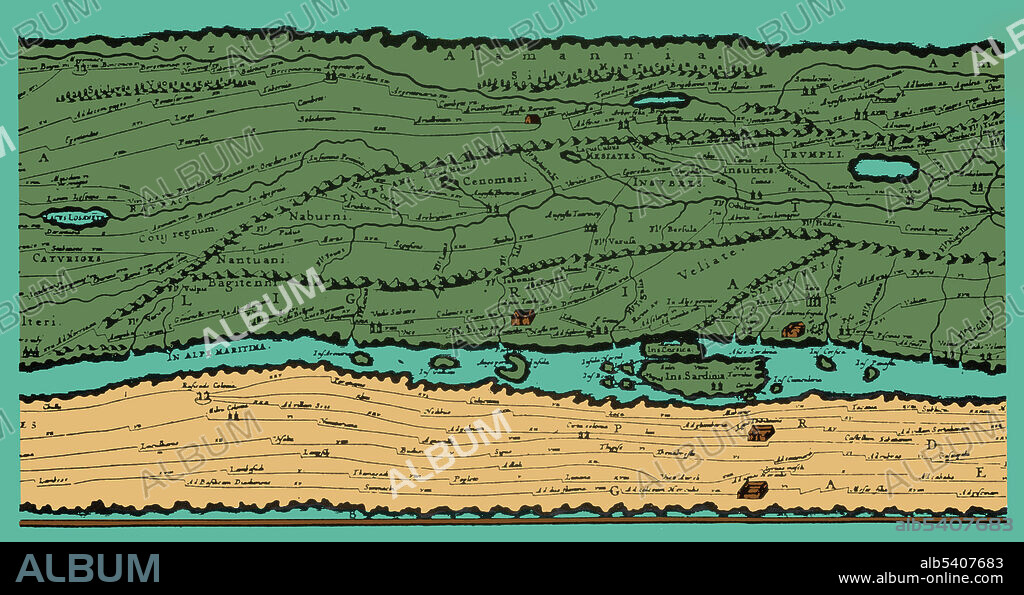 Detail of the Tabula Peutingeriana, an illustrated itinerarium (road map) showing the cursus publicus, the road network in the Roman Empire. The original map upon which it is based probably dates to the 4th or 5th century and was itself based on a map prepared by Agrippa during the reign of the emperor Augustus (27 BC - 14 AD) prepared under the direction of Marcus Vipsanius Agrippa, a friend of Augustus. After Agrippa's death, the map was engraved on marble and placed in the Porticus Vipsaniae, not far from the Ara Pacis.