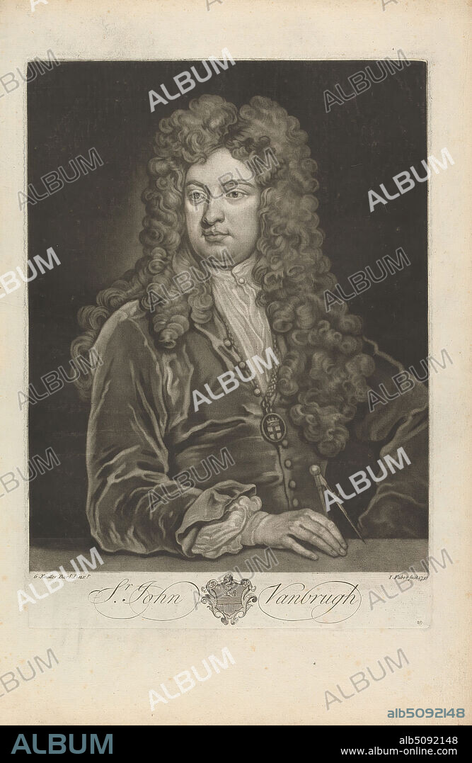 Sir John Vanbrugh, John Faber the Younger, ca. 16951756, Netherlandish, active in Britain, after Sir Godfrey Kneller, 16461723, German, active in Britain (from 1676), 1733, Mezzotint on moderately thick, slightly textured, cream laid paper, Sheet: 18 1/8 x 12 1/16 inches (46.1 x 30.6 cm), Plate: 13 15/16 x 9 13/16 inches (35.4 x 25 cm), and Image: 12 1/2 x 9 13/16 inches (31.8 x 24.9 cm), chain, coat, coat of arms, compass, crest, livery collar, man, pendant, portrait, shield, wig.