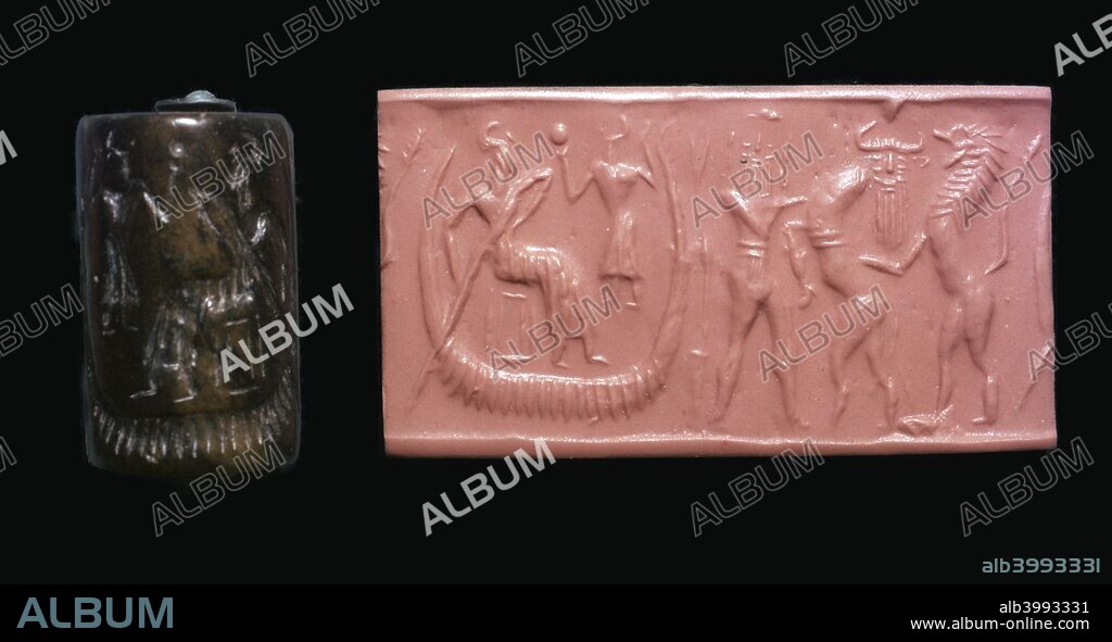 Akkadian cylinder-seal and impression of the flood epic, showing Uta-Napaishtim in a boat, and Gilgamesh with a bull.