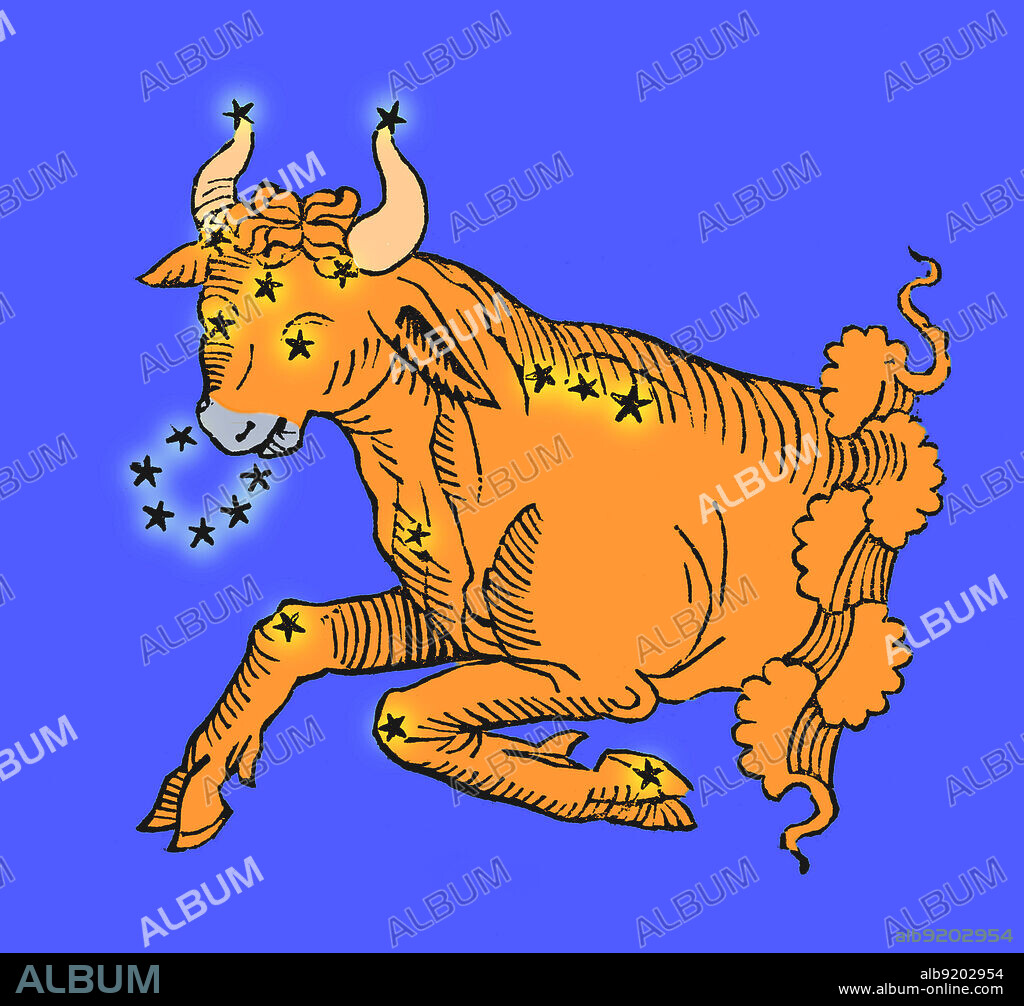 Colored historical artwork of the constellation of Taurus. The