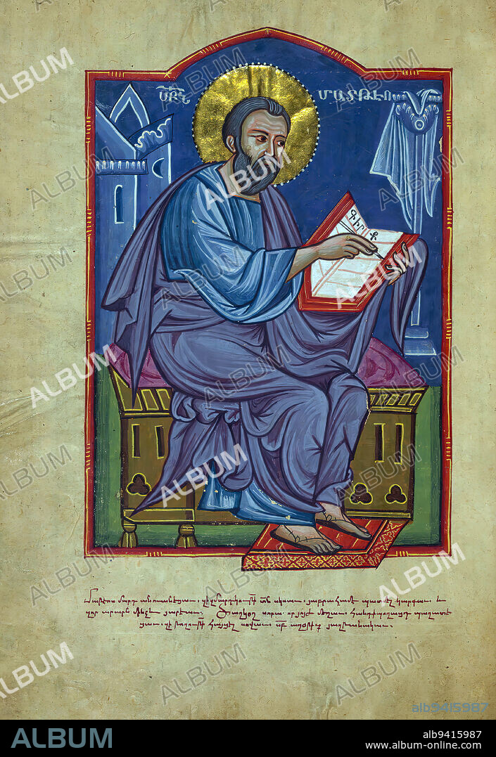 Amida Gospels, Portrait of Evangelist Matthew, This Gospel Book, with richly painted evangelist portraits, canon tables and marginal illuminations, was made in Armenia in the early seventeenth century. An extensive colophon reveals that it was commissioned by a woman named Napat' as a memorial for herself and her family, and the book was consequently given by her to the Church of Saint Sargis in Amida. The illuminator of the manuscript, Hovannes, was one of the most prolific among the artists and scribes at the Amida scriptorium. On the present codex he worked with the scribe Melk'on. Known collaborators, Hovannes and Melk'on executed a number of codices together.