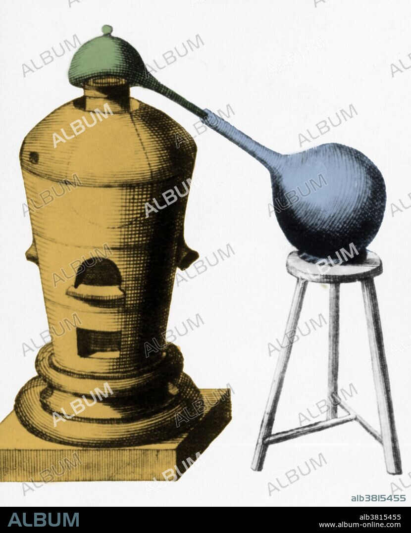 Different types of apparatus used by 18th century chemists. Shown here is an alembic, or distilling appartus, which still held an honorable place in chemistry, and was used to separate substances into their constituent parts.