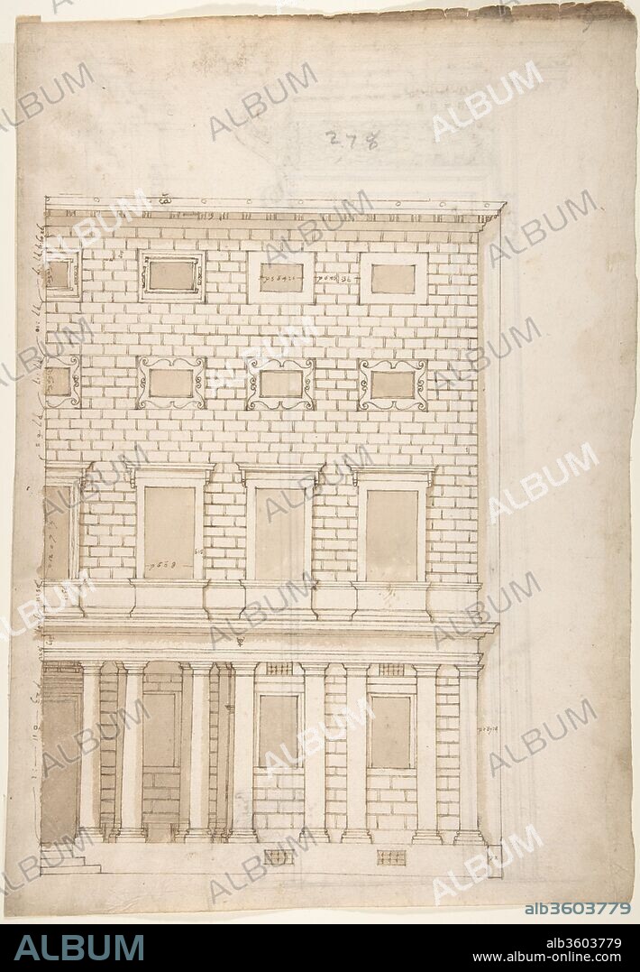 Palazzo Massimo alle Colonne, elevation (recto) Palazzo Massimo alle Colonne, portal, elevation; portal entablature, profile (verso). Dimensions: sheet: 16 9/16 x 11 7/16 in. (42 x 29 cm). Draftsman: Drawn by Anonymous, French, 16th century. Date: early to mid-16th century.