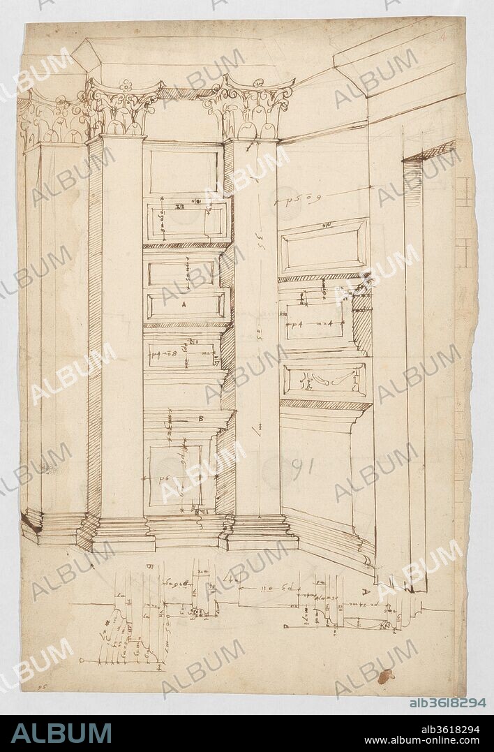 Pantheon, vestibule, perspective; panel moulding, profiles (recto) Pantheon, rectangular niche, plan; half round niche, plan (verso). Dimensions: sheet: 16 15/16 x 12 5/8 in. (43 x 32 cm). Draftsman: Drawn by Anonymous, French, 16th century. Series/Portfolio: Goldschmidt Scrapbook. Date: early to mid-16th century.