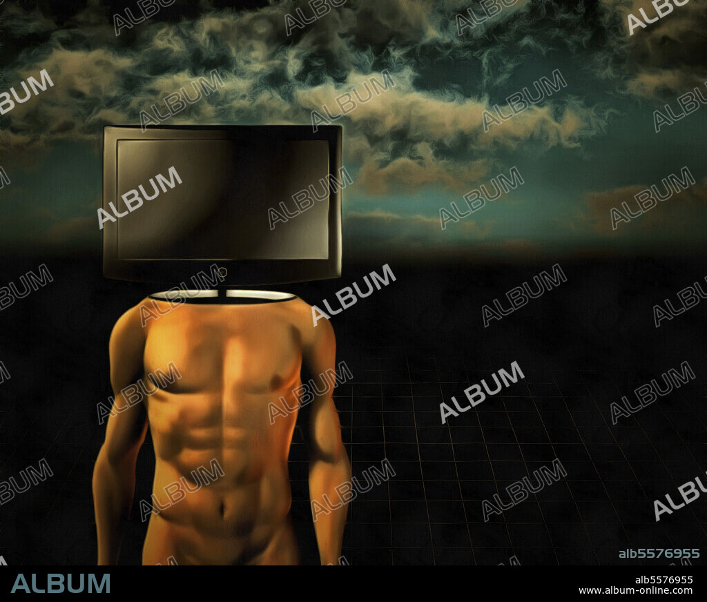 Surrealism. Naked man with TV screen instead of head. - Album alb5576955