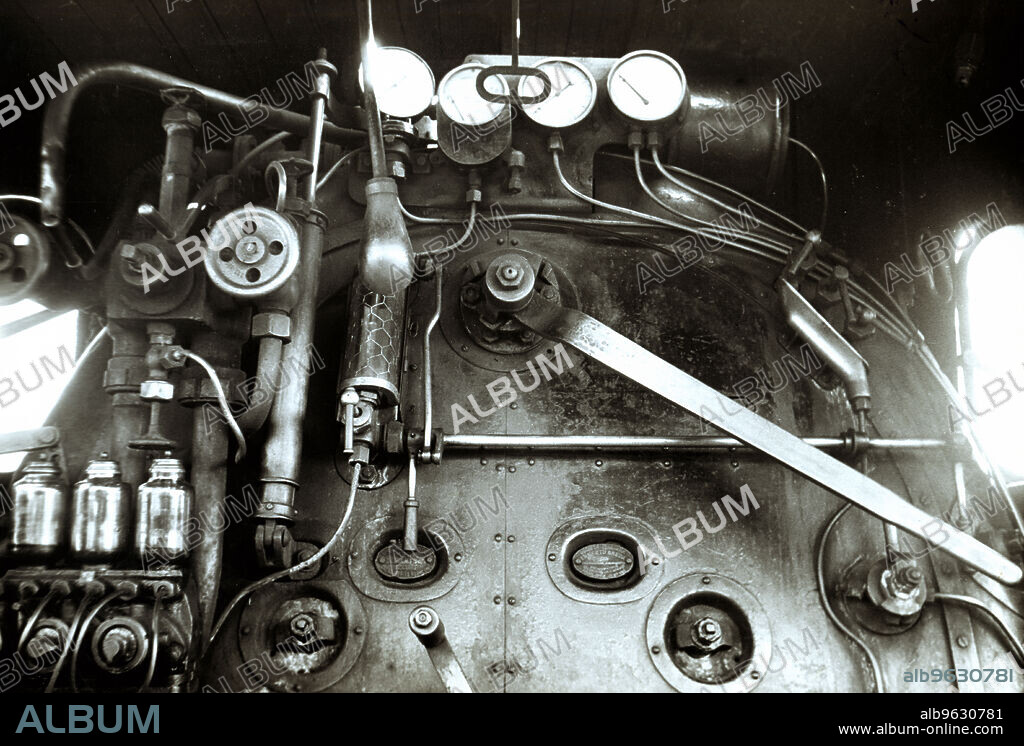 Dashboard of a steam train engine.