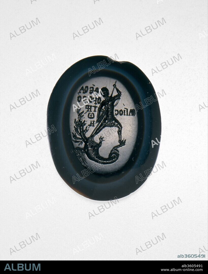 Intaglio with Saint Theodore Teron Slaying a Many-Headed Dragon. Culture: Byzantine. Dimensions: Overall: 1 5/16 x 1 x 1/4in. (3.4 x 2.6 x 0.6cm). Date: 1300 or later.
Theodore Teron (the recruit) was one of several soldier-martyrs whose cults were enormously popular in the later centuries of the Byzantine Empire. This intaglio illustrates Theodore's miraculous slaying of a dragon. The image reflects the revival of classical culture that took place in Byzantium in the 1300s and 1400s; with its naturalistic stance, it recalls classical depictions of Herakles battling the many-headed hydra.