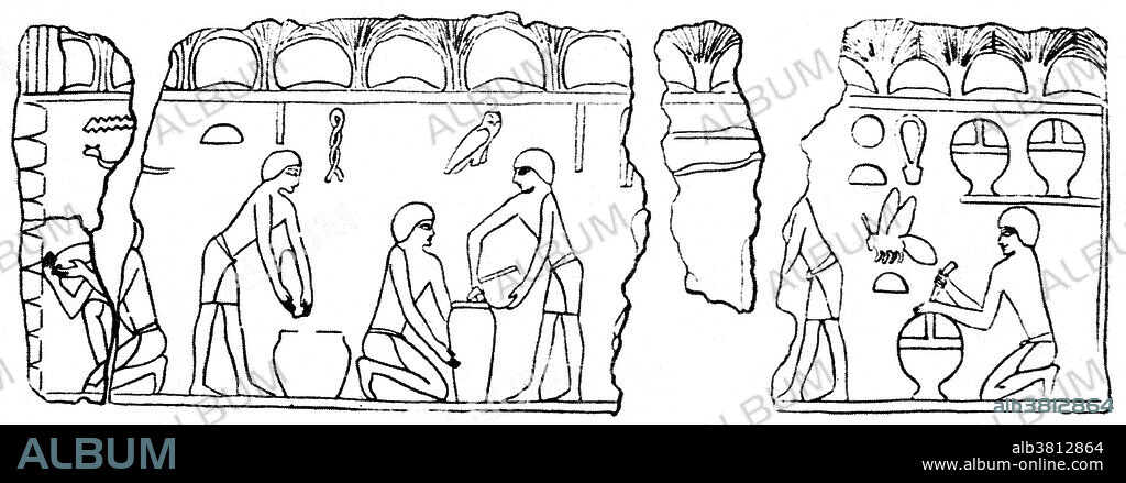 The oldest pictures of bee-keepers in action are from the Old Kingdom of Ancient Egypt. In Niuserre's sun temple bee-keepers are blowing smoke into hives as they are removing the honey-combs. After extracting the honey from the combs it was strained and poured into earthen jars which were then sealed. Honey treated in this manner could be kept years. From the New Kingdom on, mentions of honey and depictions of its production become more frequent. One of Pharaoh's titles was Bee King, and the gods also were associated with the bee. The sanctuary in which Osiris was worshiped was the Hwt bjt, the Mansion of the Bee. Due to it's antiseptic and antifungal properties, honey was both used internally and externally, to soothe irritated skin, and aid in the healing of wounds and infections, Doctors of ancient Egypt put this property of honey to work, treating open wounds with honey to prevent infection. This treatment is described in the Edwin Smith Papyrus, and the method must have saved untold numbers of lives from deadly infections at pyramid work sites where scrapes, gashes, and cuts would have been common.