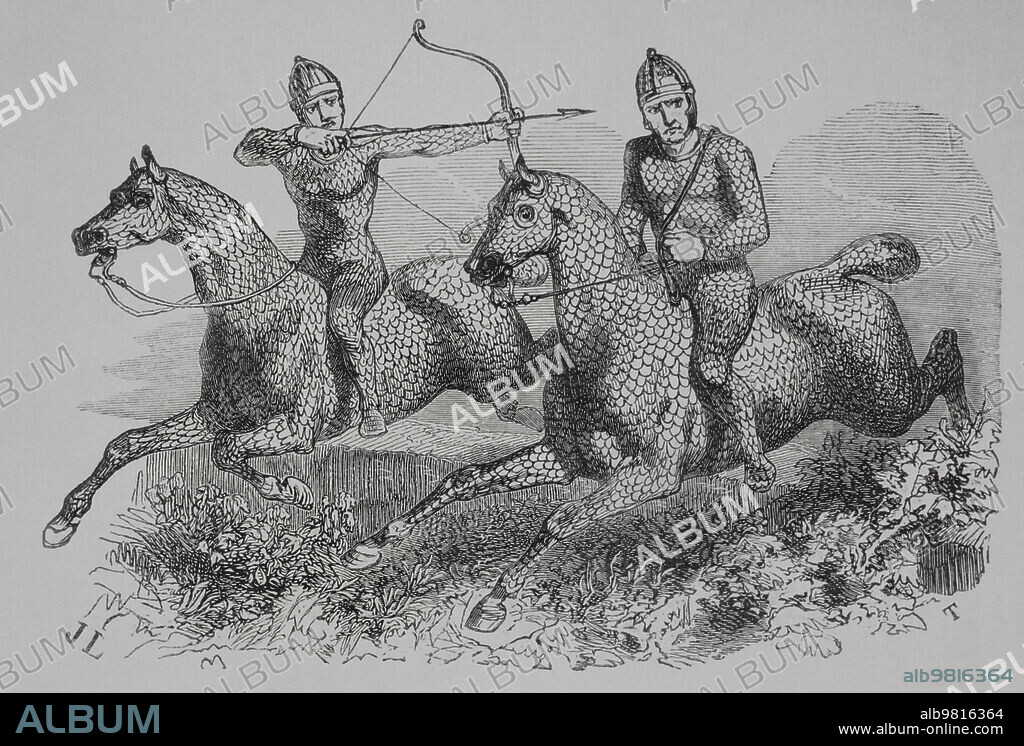 Guerreros yazigos, con sus tradicionales armaduras de escamas. Tribu nómada sármata originaria de Asia Central. Antigua Sarmacia. Grabado. "Los Héroes y las Grandezas de la Tierra". Tomo V. 1855.