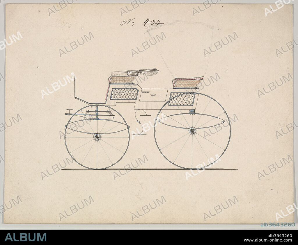 Design for 4 seat Phaeton, no top, no. 434. Dimensions: sheet: 6 5/16 x 8 1/4 in. (16 x 21 cm). Manufacturer: Brewster & Co. (American, New York). Date: 1850-70.
Brewster & Company History
Established in 1810 by James Brewster (1788-1866) in New Haven, Connecticut, Brewster & Company, specialized in the manufacture of fine carriages. The founder opened a New York showroom in 1827 at 53-54 Broad Street, and the company flourished under generations of family leadership. Expansion necessitated moves around lower Manhattan, with name changes reflecting shifts of management-James Brewster & Sons operated at 25 Canal Street, James Brewster Sons at 396 Broadway, and Brewster of Broome Street was based at 372 & 374 Broome Street with a repository (showroom) on 14th Street & Fifth Avenue. By 1874, Brewster & Company had 400 employees and combined warehouse and factory facilities at 47th & 48th Streets and Broadway. Brewster successfully branched out to produce their own automobiles, as well as supplying bodies for Rolls Royce at their Long Island City location. Notable clientele included Alfred Gwynne Vanderbilt, August Belmont, J.P. Morgan, John Jacob Astor, Andrew J. Cassatt (brother of artist Mary Cassatt), William Rockefeller, Henry Clay Frick and Pierre Lorillard. 
Talented draftsmen employed by the firm included Paul Steinbeck, Herman Stahmer and John Gribbon, the latter teaching at the Carriage Builders and Designers Technical School, which opened in 1880 and was housed initially at the Metropolitan Museum of Art. When the company finally dissolved in 1923, its last owner William Brewster (1866-1949) donated its archive of design and presentation drawings to the Museum where he served as benefactor and trustee.
Of all American carriage manufacturers, none was as highly regarded for design, finish and quality as Brewster & Company. They won many awards for outstanding workmanship, including the Legion d'Honneur (Legion of Honor) at the 1878 Paris Exposition (3rd World's Fair). In appreciation for this achievement the Carriage Builders' National Association presented them with a gold enameled Tiffany & Company plaque and autograph book signed by leading American carriage builders, both now at the Metropolitan Museum of Art.
Merri Ferrell, 2016.