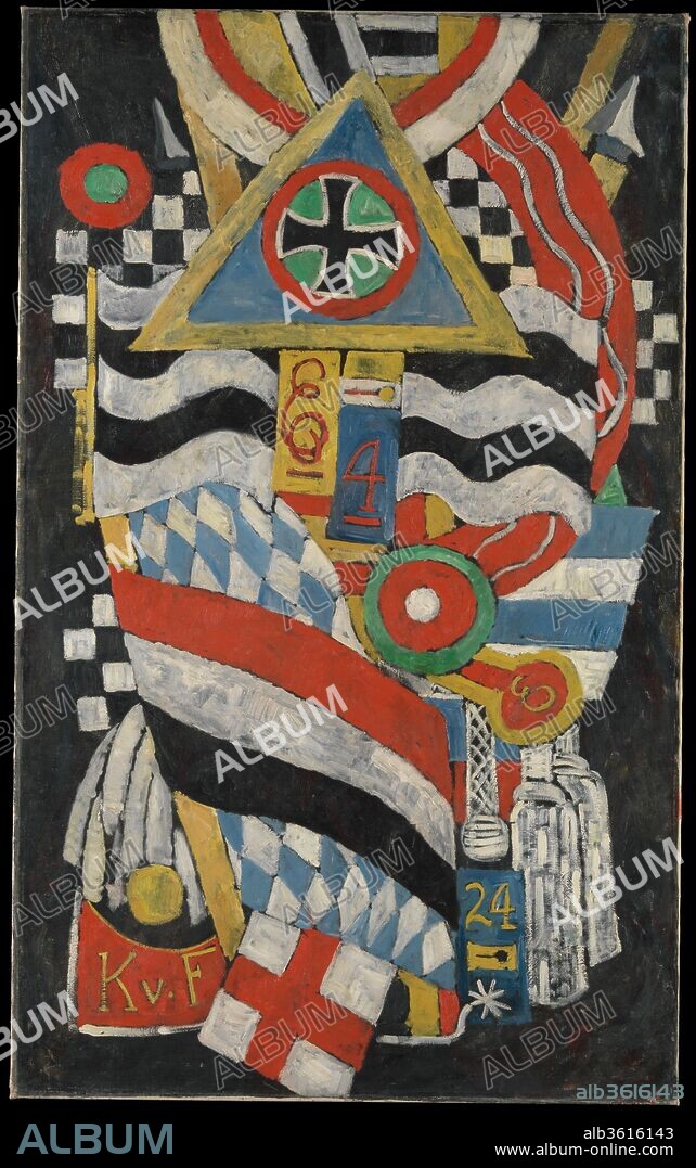 Portrait of a German Officer. Artist: Marsden Hartley (American, Lewiston, Maine 1877-1943 Ellsworth, Maine). Dimensions: 68 1/4 x 41 3/8 in. (173.4 x 105.1 cm). Date: 1914.
This monumental painting is the centerpiece of a series that evokes the dynamism, pageantry, and danger of life in Berlin during World War I. The painting's collagelike appearance, dramatic color, and emotional brushwork attest to Hartley's skillful synthesis of Cubism and German Expressionism. Hartley's composition is an abstract portrait of Karl von Freyburg, a Prussian lieutenant whom the artist loved and who died in the war. Von Freyburg is portrayed symbolically with the initials, "K.v.F."; his regiment number, 4; his age at death, 24; and the Iron Cross that he received posthumously.