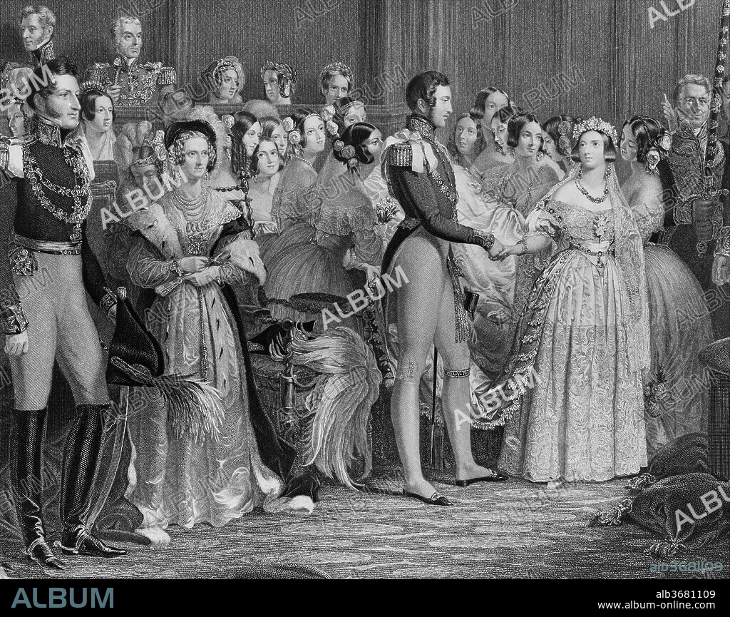 Marriage of Queen Victoria, February 10, 1840. Artist: After Sir George Hayter (British, London 1792-1871 London). Dimensions: Sheet (trimmed within plate): 13 1/2 × 11 1/4 in. (34.3 × 28.5 cm). Engraver: Charles Eden Wagstaff (British, active 1798-1850). Printer: Day & Co. (London). Publisher: Henry Graves & Company (London). Sitter: Queen Victoria (British, London 1819-1901 Isle of Wight); Prince Albert of Saxe-Coburg and Gotha (Coburg, Germany 1819-1861 Windsor). Date: 1844.
Queen Victoria married Prince Albert in the Chapel Royal, St. James's Palace, on the morning of February 10, 1842. Hayter, who had painted the coronation, was commissioned to depict this ceremony also, and Wagstaff's engraving reproduces his 1842 painting (Royal Collection). The couple join hands before the Archbishop of Canterbury, and their union is witnessed by 56 members of the court and royal family. Most of the attendees sat to Hayter between 1840 and 1841, including Victoria in her "bridal dress, veil, wreath & all," and the artist even included himself sketching at lower right.