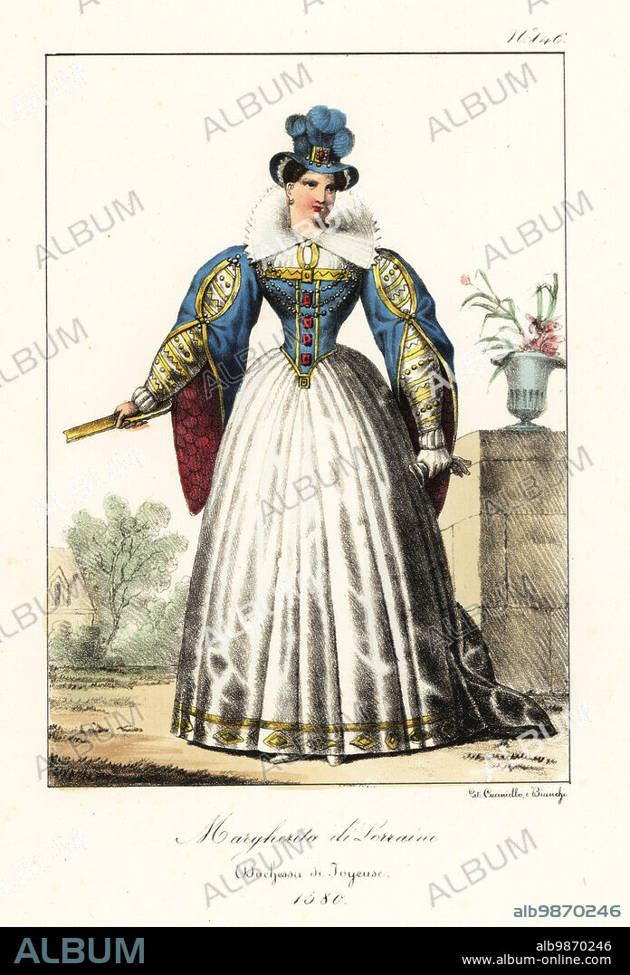 Margaret of Lorraine, Duchess of Joyeuse and later Duchess of Piney, 1564-1625. Sister of Louise de Lorraine, queen of Henri VI of France. Marguerite de Lorraine, Duchesse de Joyeuse, Handcoloured lithograph by Lorenzo Bianchi and Domenico Cuciniello after Hippolyte Lecomte from Costumi civili e militari della monarchia francese dal 1200 al 1820, Naples, 1825. Italian edition of Lecomtes Civilian and military costumes of the French monarchy from 1200 to 1820.