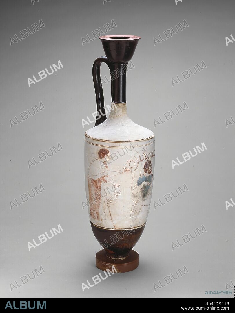 ANCIENT GREEK. Lekythos (Oil Jar). Greek; Athens; Attributed to the Reed Painter. Date: 410 BC-400 BC. Dimensions: H. 46.4 cm (18 1/4 in.); diam. 13.4 cm (5 1/4 in.). Terra-cotta, decorated in the white-ground technique. Origin: Athens.