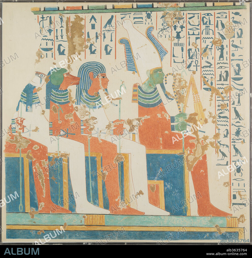 Osiris and the Four Sons of Horus, Tomb of Nebamun and Ipuky. Artist: Nina de Garis Davies (1881-1965); Hugh R. Hopgood. Dimensions: Facsimile: H. 78.5 × W. 81 cm (30 7/8 × 31 7/8 in.); Framed: H. 80 × W. 82.6 cm (31 1/2 × 32 1/2 in.); Scale. 1:1. Dynasty: Dynasty 18. Reign: reign of Amenhotep III-Akhenaten. Date: ca. 1400-1352 B.C..