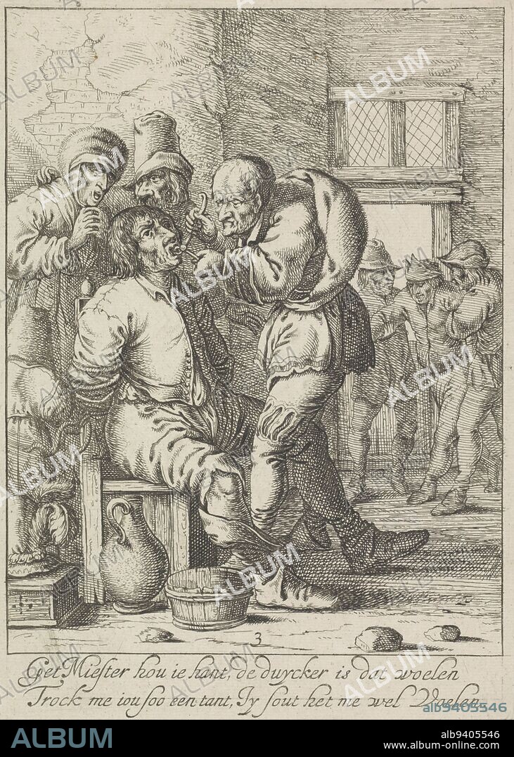 A man is tied to a chair while a man pulls one of his teeth with pliers.  Below the depiction is a two-line verse in Dutch. The print is part of a