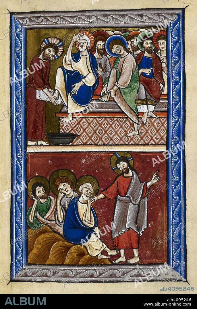 Miniatures of the Mandatum and of Christ coming to wake the disciples in the Garden of Gethsemane. Psalter, including a calendar (ff. 13-18v). England, Central (Oxford); 1st quarter of the 13th century. Source: Arundel 157, f.9. Language: Latin.