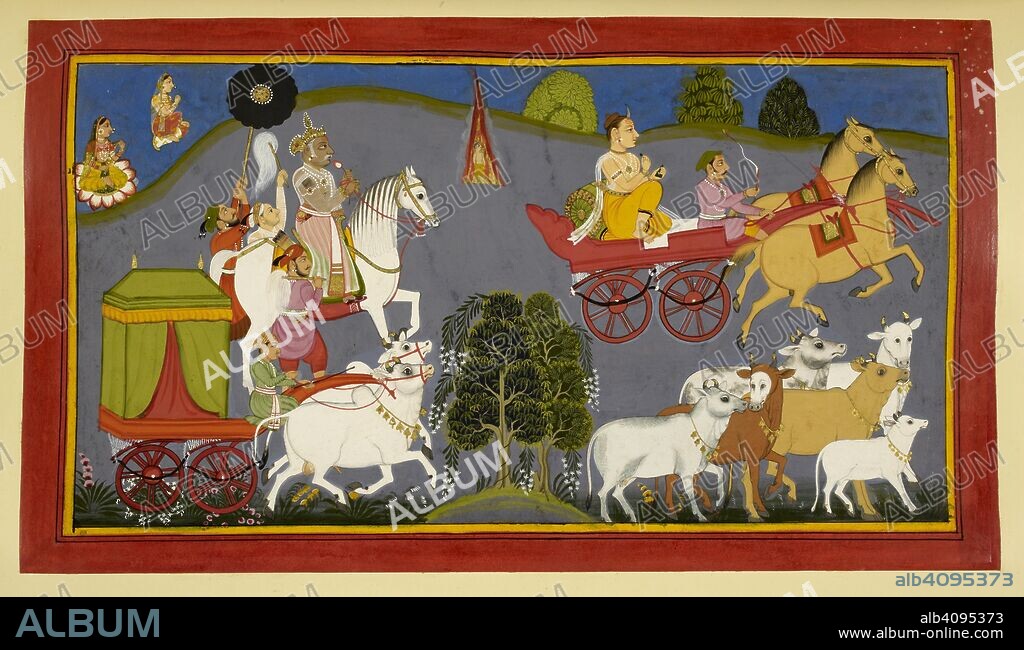 Dasaratha & Rishyasringa. Ramayana, Bala Kanda. Udaipur, 1712. Dasaratha and Rishyasringa set out on their journey, the sage in a chariot, the King on horseback, and Santa and the queens in a purdah ox-cart.  Image taken from Ramayana, Bala Kanda.  Originally published/produced in Udaipur, 1712. . Source: Add. 15295, f.49. Language: Sanskrit.