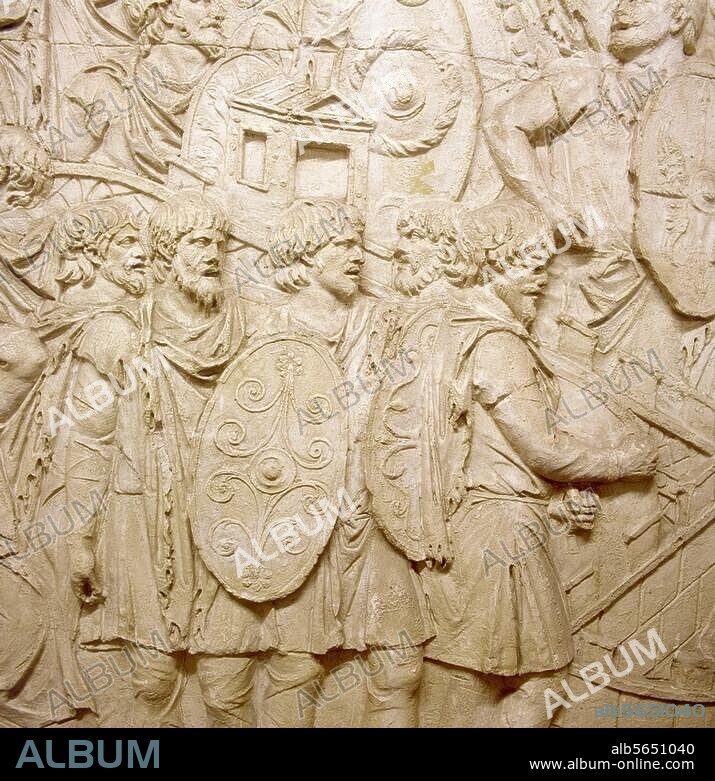 Roman, 113 AD. Dacians defending the mountain fortress stormed by the Romans. Detail from the relief band with scenes from Trajan's Dacian Wars, 2nd war, 5th campaign 106 AD. Plaster cast, 1861, of marble original from Trajan's Column in Trajan's Forum in Rome. Height 90-125cm. No. 3117. Rome, Museo della Civiltà Romana.