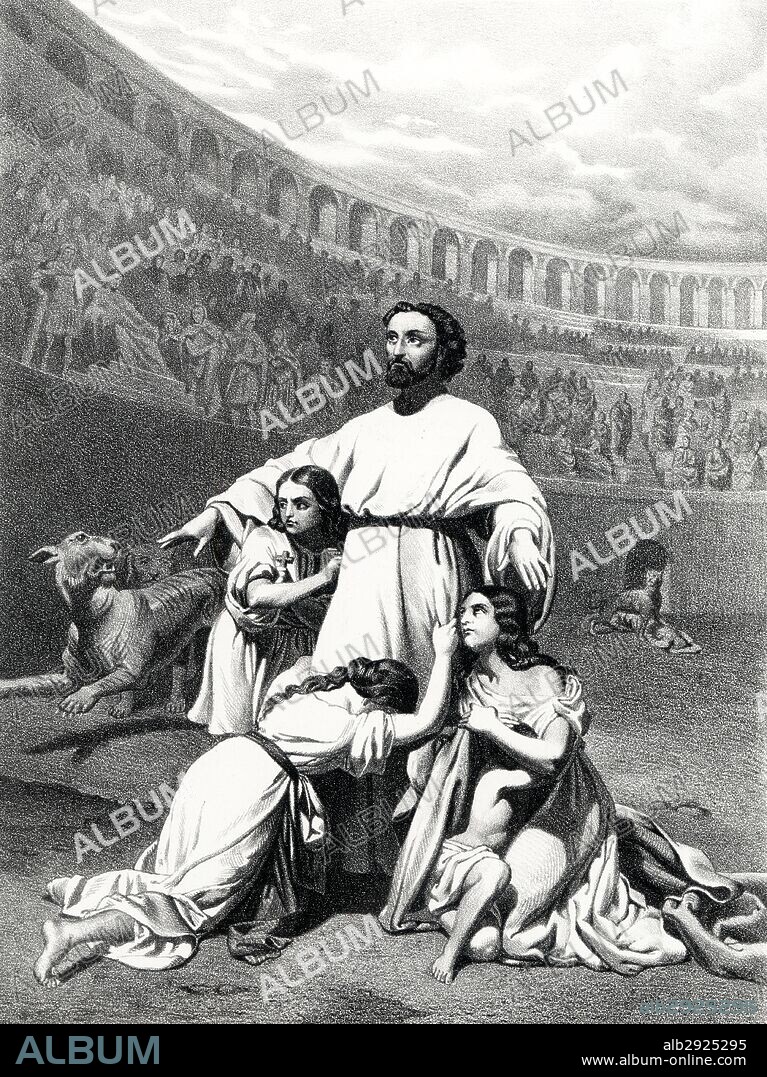 Historia. Cristianos sacrificados a las fieras en el circo romano por el edicto de Diocleciano en el año 282. Grabado de 1871.