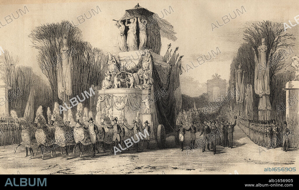 Napoleon's Funeral, Paris, 15 December 1840. Louis Napoleon Bonaparte, 1769-1821. Emperor of France. 19th century lithograph by Em. Baerentzen & Co. after "Le Charivari Journal". From the book "Figaro. Journal of Literature,Art and Music" by Georg Garstensen. Published 1841.