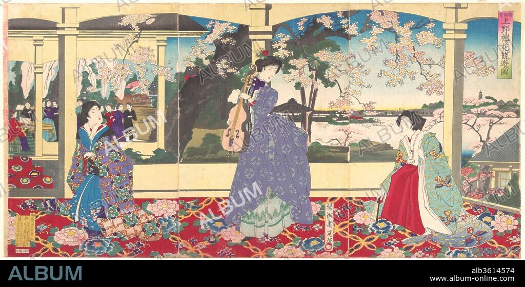 A  Dance Party: Enjoying Cherry Blossom Viewing at Ueno  (Tobukai Ueno oka yuran no zu). Artist: Yoshu (Hashimoto) Chikanobu (Japanese, 1838-1912). Culture: Japan. Dimensions: Image: 14 in. × 28 1/4 in. (35.6 × 71.8 cm). Date: March, 1887.
The scene is set high on a hill in Ueno Park overlooking Shinobazu Pond, in the famous Seiyoken, one of Japan's first Western-style restaurants. In the foreground, a female violinist, the new career woman, proudly displays her rare imported instrument as though it were trophy. With roses in her chignon and wearing a curvaceous bustle, the violinist is dramatically contrasted with her obsequious attendants, who crouch awkwardly in traditional clothing.