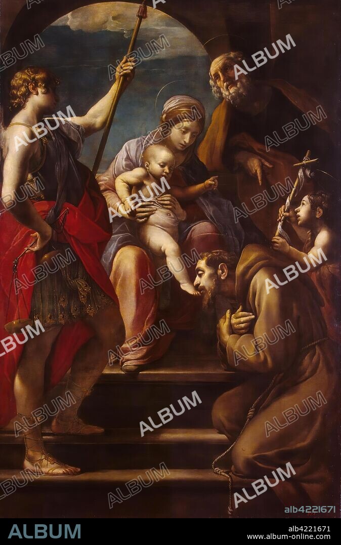 ALESSANDRO TIARINI. 'Holy Family with St Francis of Assisi, St John the Baptist and St Michael the Archangel'. Italy, Circa 1620. Dimensions: 224x147 cm.