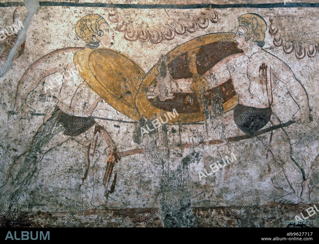 Gladiators combat. Greek painting Italic influenced, from the Lucanian tomb at Paestum.