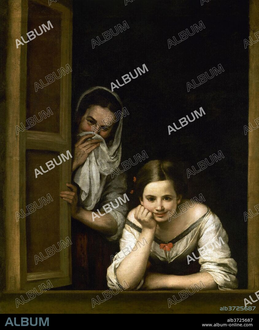 BARTOLOME ESTEBAN MURILLO. Two Women at a Window. Dated: c. 1655/1660. Dimensions: overall: 125.1 x 104.5 cm (49 1/4 x 41 1/8 in.)  framed: 182.3 x 160.3 cm (71 3/4 x 63 1/8 in.). Medium: oil on canvas.