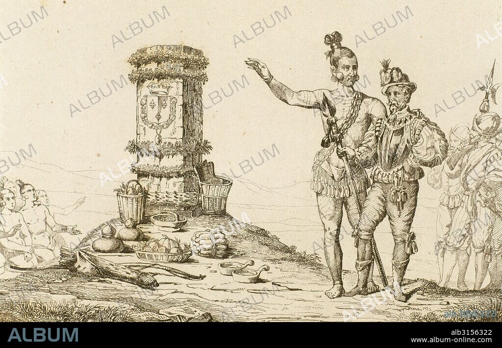 The French explorer Rene Goulaine de Laudonniere (1529-1574) and the Indian Chief Athore visit the Jean Ribault's (1520-1565) column, erected in 1568 in the Northern Florida. Engraving, 1841.