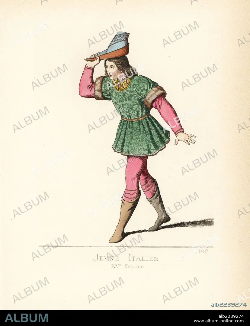 Young Italian man doffing his hat in salute, 15th century. He wears a  violet peaked cap, a crimson velvet doublet, green damask tunic with fur  trim, crimson stockings and - Album alb2239274