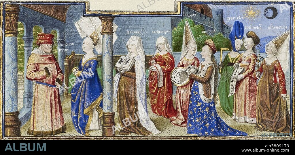 "Philosophy Presenting the Seven Liberal Arts to Boethius," an illustration from c.1460-1470. On the far left, Boethius speaks to Philosophy, who presents him with personifications of the seven liberal arts, the basic studies taught in medieval universities. From left to right, an inscription and an attribute identify each of the liberal arts: Grammar, Rhetoric, Logic, Music, Geometry, Arithmetic, and Astronomy. Boethius (c.480 - 524/525 AD, born in Rome), was a philosopher of the early 6th century, who also wrote about music, astronomy, geometry, and arithmetic.