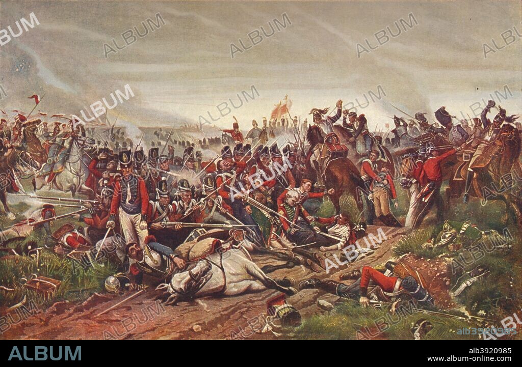 French cuirassiers charging a British infantry square at the Battle of Waterloo, 1815 (1906). From Cassell's Illustrated History of England, Vol. V. [Cassell and Company, Limited, London, Paris, New York & Melbourne, 1906].