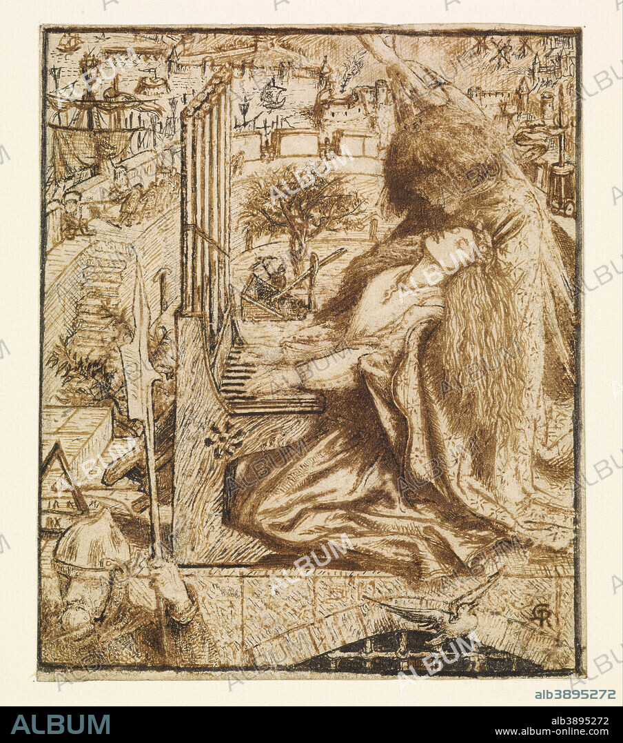 DANTE GABRIEL ROSSETTI. Design for Moxon's Tennyson - Saint Cecilia. Date/Period: 1856-1857. Brown pen, ink and black ink on paper. Height: 9.9 cm (3.8 in); Width: 8.2 cm (3.2 in).