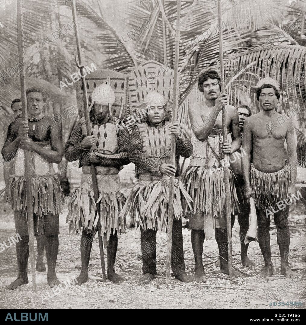 Warriors from The Gilbert Islands, Pacific Ocean. The Gilbert Islanders invented armour of coconut fibre to protect themselves against spears furnished with shark's teeth. After a 19th century photograph. From Customs of The World, published c.1913.
