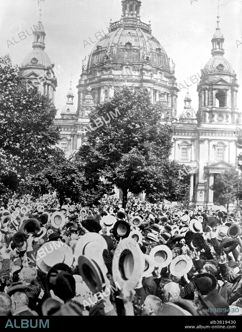 People in front of the Berlin Cathedral (Berliner Dom) in Berlin, Germany, cheering the declaration of World War I. The Spirit of 1914 refers to the alleged jubilation in Germany at the outbreak of World War I. Many individuals remembered that euphoria erupted on August 4, 1914 after all the political parties in the Reichstag, supported the war credits in a unanimous vote, later referred to as the Burgfrieden. But there was also widespread as the populace watched their loved ones march off to battle. An estimated one million war poems were sent to German newspapers in August 1914 alone. Dissent was smothered by this overabundance of literature cheering the war, the promise not to violate the Burgfrieden, and fear of undermining support for loved ones on the front, Bain News Service, August 1914.