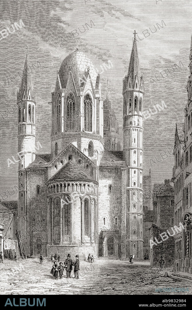 Salisbury Cathedral, Salisbury, England, seen here in the 19th century. The Cathedral was built in the Early English Gothic architectural style, 1220 - 1320 and designed by architects Richard Poore and Elias of Dereham. From Les Plus Belles Eglises du Monde, published 1861.