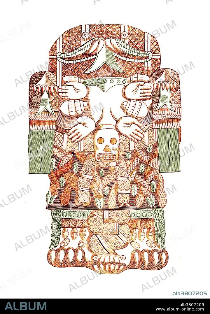 In Aztec mythology, Cihuacoatl was one of a number of motherhood and fertility goddesses. Cihuacoatl was especially associated with midwives, and with the sweatbaths where midwives practiced. She is paired with Quilaztli and was considered a protectress of the Chalmeca people and patroness of the city of Culhuacan. She helped Quetzalcoatl create the current race of humanity by grinding up bones from the previous ages, and mixing it with his blood. She is often shown as a fierce skull-faced old woman carrying the spears and shield of a warrior. Childbirth was sometimes compared to warfare and the women who died in childbirth were honored as fallen warriors. Image taken from page 124 of "Mexico, Aztec, Spanish and Republican: or historical, geographical, political, statistical and social account of that country from the period of the invasion to the present time" by Brantz Mayer, 1852.