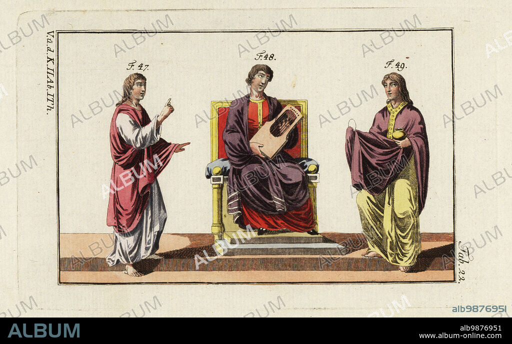 King David and priests in Anglo Saxon garb. One of the priests who carried the ark of the covenant 47, David playing on a harp 48, and a priest carrying the host in his right hand and the ciborium in his left 49. Images taken from Saxon manuscripts. Handcolored copperplate engraving from Robert von Spalart's Historical Picture of the Costumes of the Principal People of Antiquity and Middle Ages, Vienna, 1796.