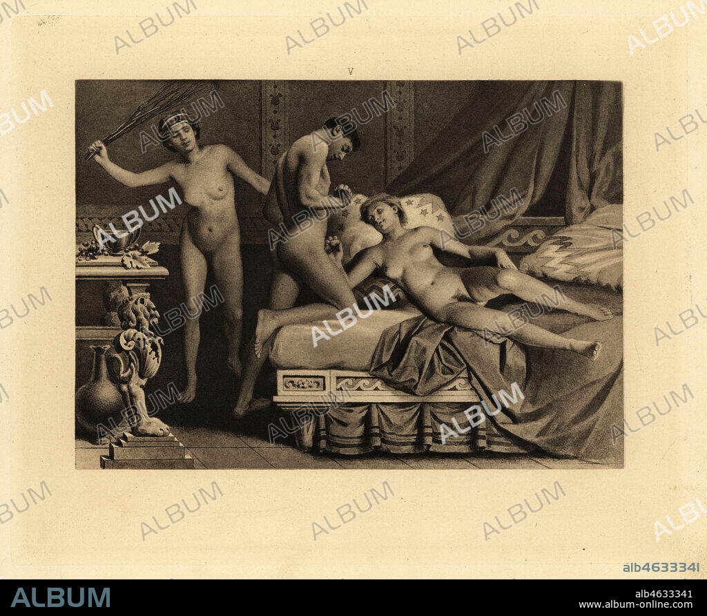 A woman with a switch whips a man and woman on a bed. Roman  sado-masochistic orgy. Aquatint by Theophile Fillon after an illustration  by Paul Avril from Friedrich Karl For - Album